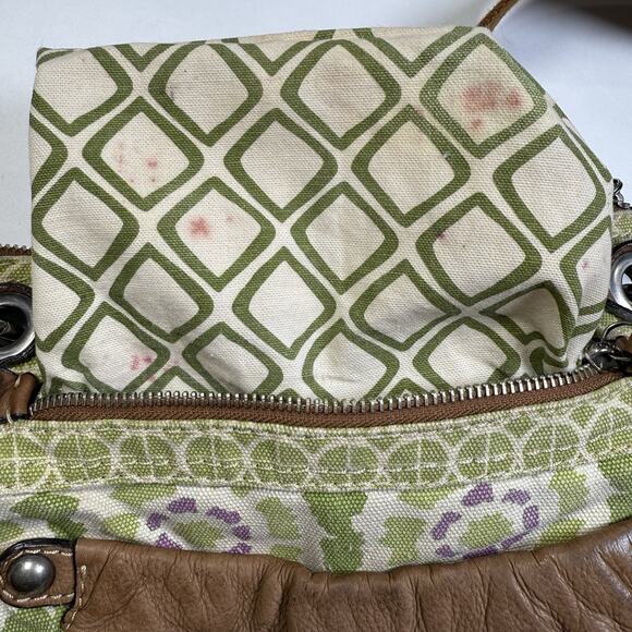 Fossil Crossbody Boho Purse Canvas Leather Trim Weekender Bag Green Floral Brass - Picture 12 of 12